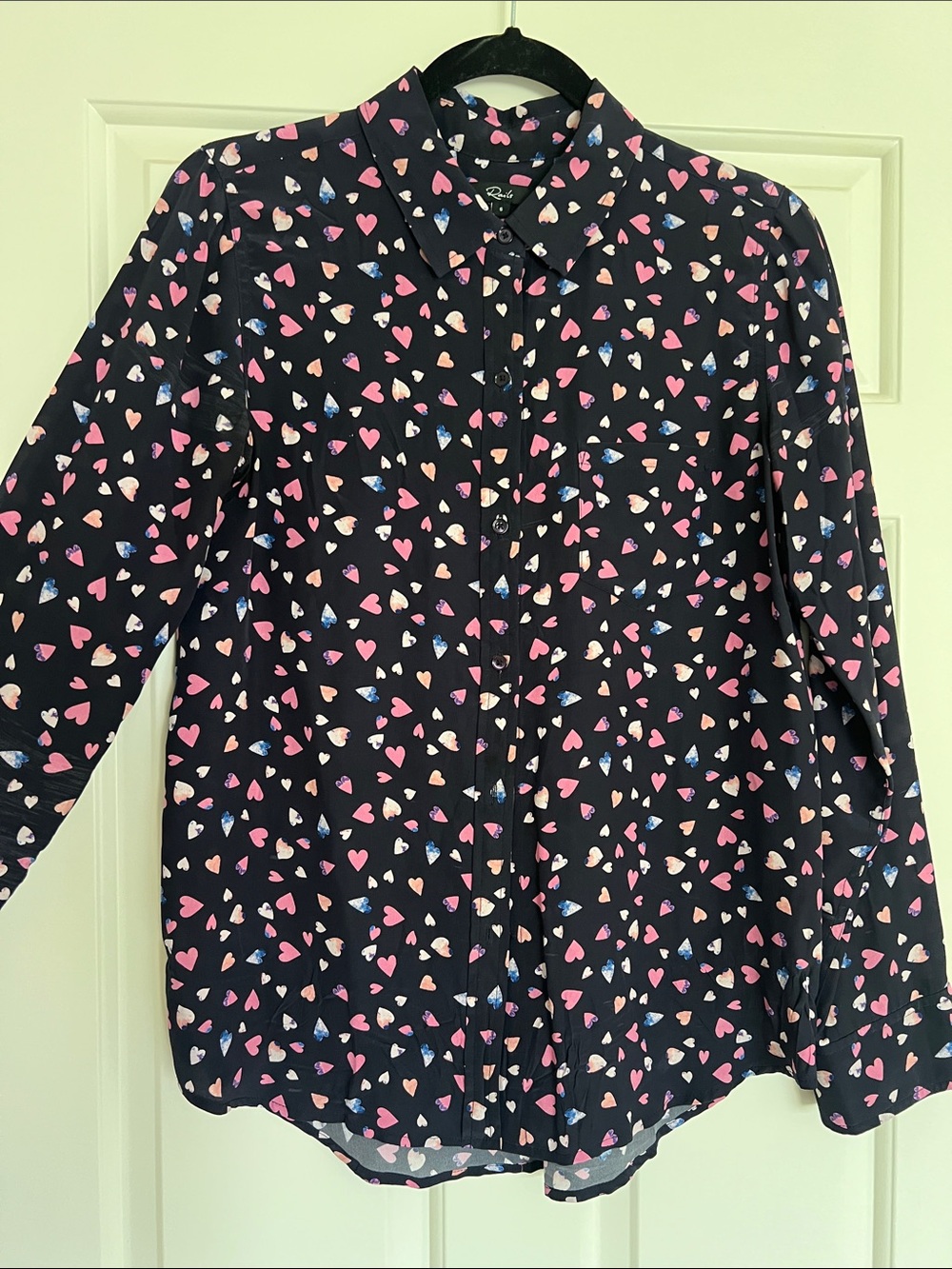 Rails 100% silk  Navy Button-Down Shirt with Pink and Light Blue Heart Print